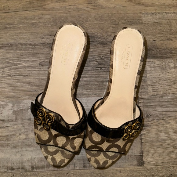 COACH Geri Black Brown Logo Print Canvas Wedge Heel Platform Sandals - US 7.5 - Picture 3 of 8